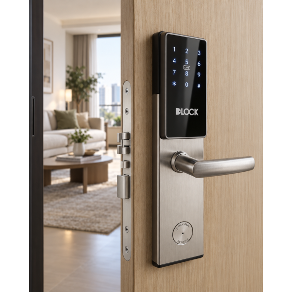 Fechadura digital DLock DL 1900 instalada em porta de madeira